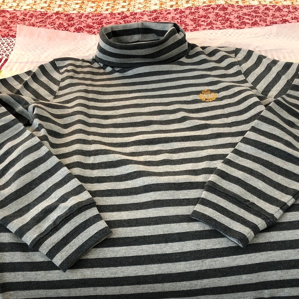 Lauren Ralph Lauren light & dark gray striped cotton turtleneck longish top.